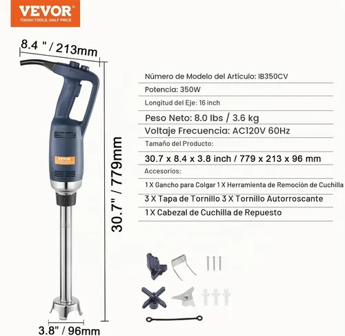 Vista 7 de VEVOR Batidora de Inmersión Comercial, Mezclador de Mano de 350W de Alta Resistencia, Mezclador de Velocidad Variable Sin Escalas de 16 Pulgadas