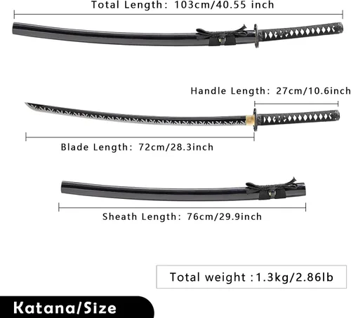 Vista 3 de Wuton Espada Katana real afilada 1060 de acero de alto carbono, espada samurái real de espiga completa lista para batalla, espadas samuráis