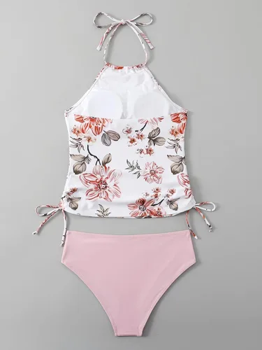 Vista 2 de Floerns Traje de baño tankini halter de 2 piezas con estampado floral y control de abdomen y braguitas