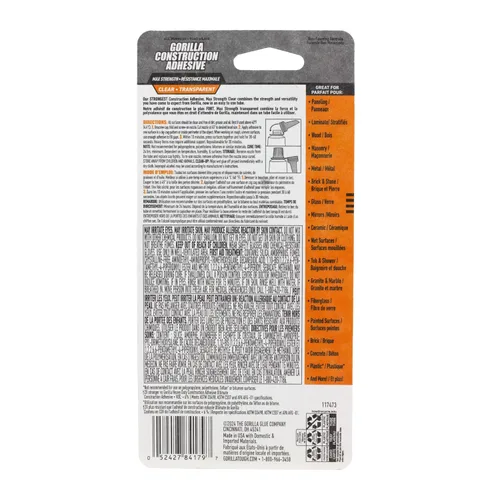 Vista 5 de Gorilla Max Strength - Adhesivo transparente para construcción, tubo de compresión de 2.5 onzas, transparente, (paquete de 1) Gap-Filling and