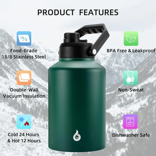 Vista 3 de BJPKPK Botella de agua aislada de un galón (128 onzas), de acero inoxidable, apta para lavavajillas, jarra sin BPA con mango ergonómico y parte