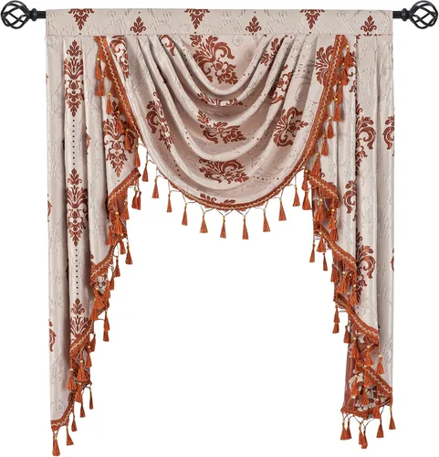 Vista 9 de Cenefa de cascada de damasco jacquard, aguamarina, 39 pulgadas de ancho, 1 panel Damask Waterfall Valance, Rod Pocket with Tassels Valance, For
