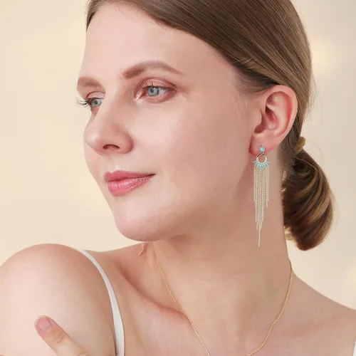 Vista 2 de TEBIHOYO Aretes tipo dormilona de plata de ley 925 chapados en oro de 14 quilates para mujeres y niñas, hipoalergénicos, sin níquel, cadena bohemia