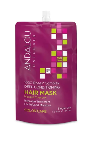 Vista 2 de Andalou Naturals Mascarilla capilar de 1000 rosas, mascarilla para el cuidado del color para cabello dañado, 6 unidades, manteca de semillas
