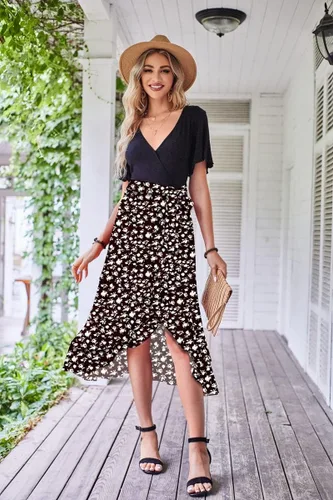 Vista 2 de Vestido largo de manga corta con cuello en V para mujer, con volantes, dobladillo dividido, bohemio, estampado floral, cintura con lazo
