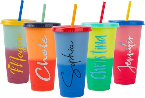Vista 6 de Vasos que cambian de color con tapas y popotes, vasos de plástico reutilizables que cambian de color con tapa a prueba de salpicaduras, tazas que