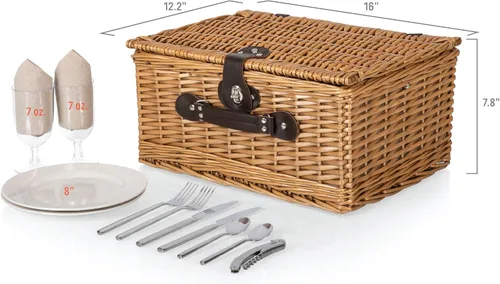 Vista 5 de PICNIC TIME Cesta de picnic clásica para 2, romántica canasta de mimbre de madera de estilo inglés con servicio de lujo para 2, interior totalmente