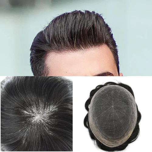 Vista 26 de Sistema de cabello para hombre, encaje francés suave, pieza de cabello humano real, nudos blanqueados, cabello frontal, tupé para hombres