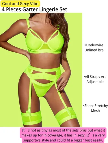 Vista 2 de Garter - Lencería con liguero para mujer sexy de encaje y traslúcida a juego de 4 piezas