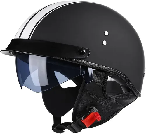 Vista 9 de Casco retro de motocicleta para adultos, hombres y mujeres, aprobado por DOT, estilo alemán, cascos de media cara con gafas desplegables, visera