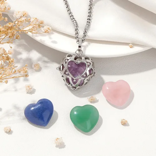 Vista 6 de Raicegs Heart Shaped Crystals and Healing Stones 7 Chakra Crystal Necklace 0.8 inch Heart Gemstones Natural Stones Necklaces for Women Spiritual