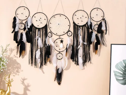 Vista 6 de Paquete de 5 atrapasueños para decoración de pared, diseño bohemio de luna y sol, juego negro