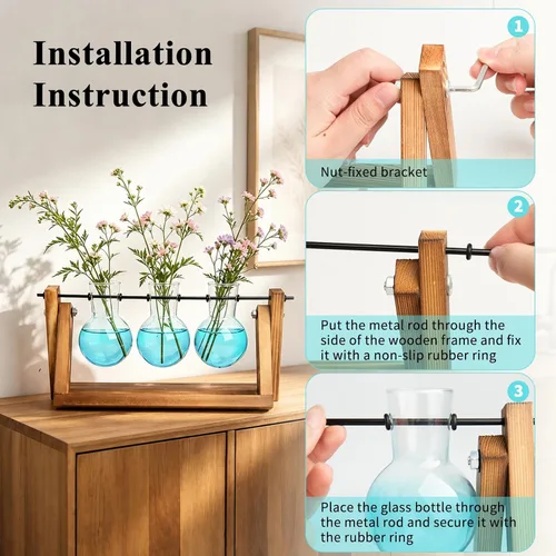 Vista 3 de XXXFLOWER Kit de terrario para plantas con soporte de madera, 3 jarrones de Azul