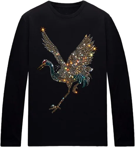 Vista 12 de HZCX FASHION Camisetas gráficas de manga larga para hombre y mujer, camisetas divertidas con diamantes de imitación