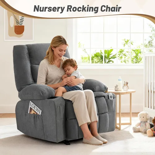 Vista 7 de Rocker - Silla reclinable con masaje y calor, sofá individual ergonómico, mecedoras para sala de estar, cómoda silla reclinable con portavasos Gris