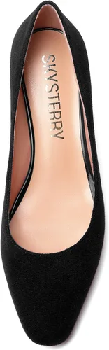 Vista 3 de SKYSTERRY Vestido de gamuza con punta cuadrada para mujer, zapatos de tacón bajo para boda, gatito, zapatos de tacón bajo de 2 pulgadas