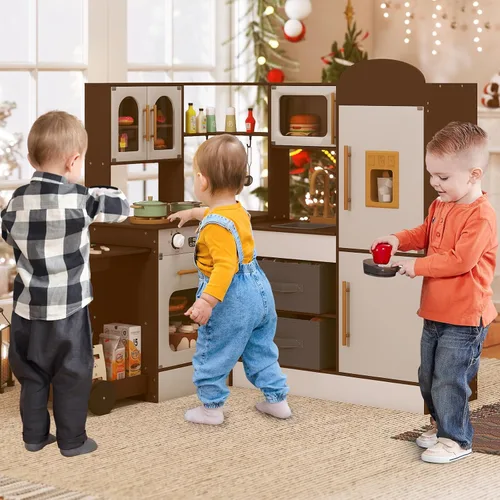 Vista 2 de INFANS Cocina esquinera para niños, juego de madera con carrito telescópico, luces realistas, sonidos, máquina de hielo, cajones de tela, horno