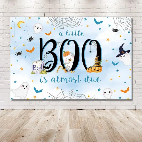 Vista 6 de MEHOFOND Telón de fondo de Halloween de 7 x 5 pies para baby shower con texto en inglés "A Little Boo is Almost Due Blue Water" para niño