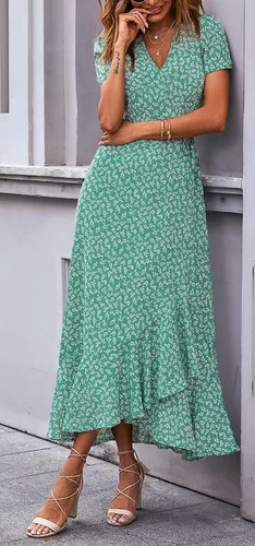 Vista 2 de PRETTYGARDEN - Vestido largo de verano cruzado para mujer, con cuello en V, estilo bohemio, floral, manga corta, dobladillo con volantes