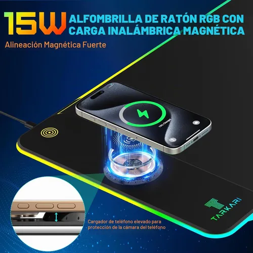 Vista 2 de TARKARI Alfombrilla de ratón RGB de carga inalámbrica magnética de 15W Negro