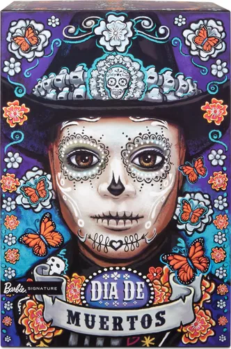 Vista 6 de Barbie Signature Ken Fashion Muñeca, 2023 Dia de Muertos coleccionable con chaqueta azul, sombrero negro y soporte para muñeca