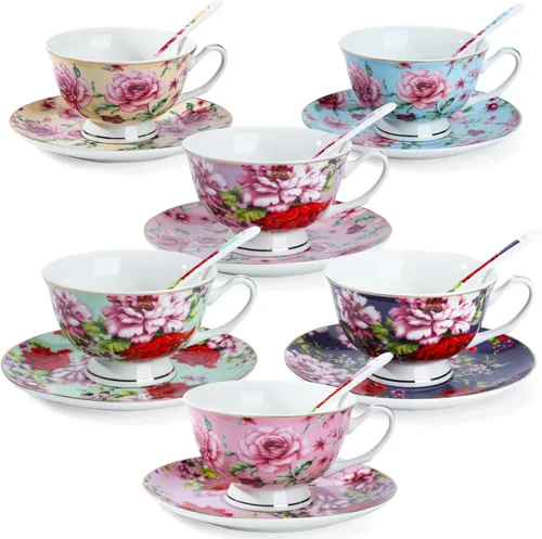 Vista 8 de BTaT- Tazas de té y platillos, diseño floral, juegos de tazas de té de porcelana, aptos para lavavajillas, juego de 4, 8 onzas