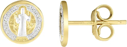 Vista 2 de Ritastephens Aretes de oro bicolor amarillo y blanco de 14 quilates con mini medalla redonda San Benito San Benito, Oro amarillo y oro blanco