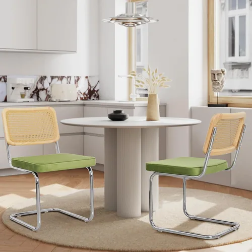 Vista 19 de Upholstered Velvet Dining Chairs Set of 2, Mid Century Modern Armless Upholstered Dining Chair with Rattan Back Stainless Chrome Frame for Dining