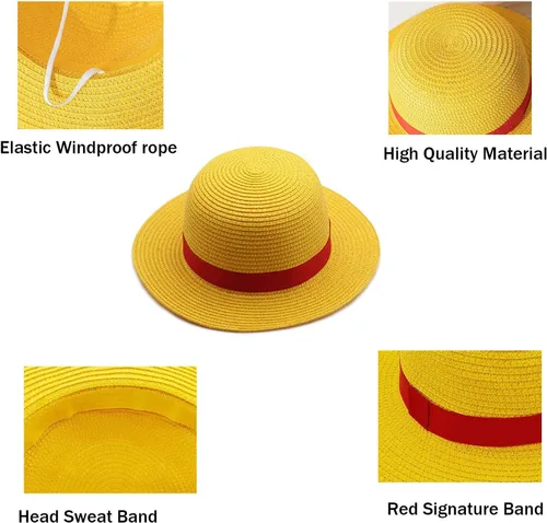 Vista 4 de Sombrero de paja Luffy sombrero de cosplay sombreros para Halloween, disfraz de actuación, sombrero de paja para hombres, mujeres y niños, correa