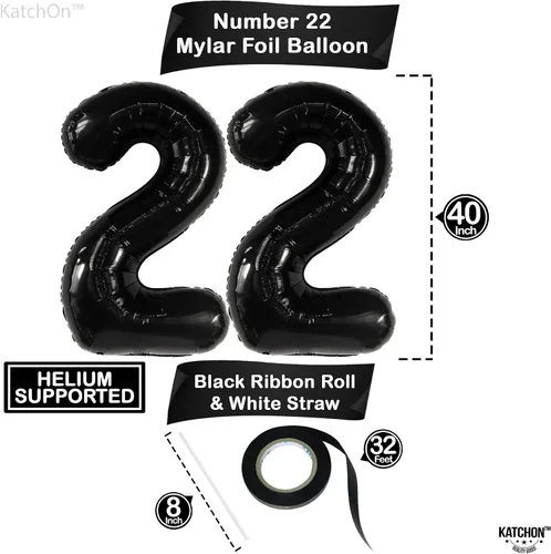 Vista 2 de KatchOn, Globos del número 22 negros - 40 pulgadas, globos del número 22 Globos negros del número 22 para decoraciones de cumpleaños para hombres