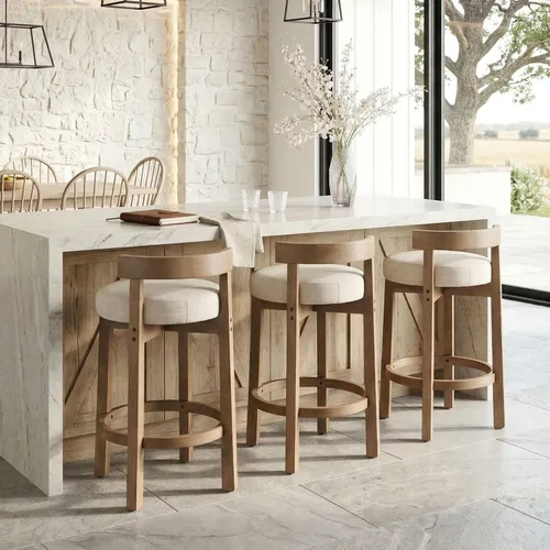 Vista 6 de DUOMAY Juego de 2 taburetes de bar modernos de 26 pulgadas de altura de mostrador, taburetes redondos de madera sin brazos, taburete de isla de Beige