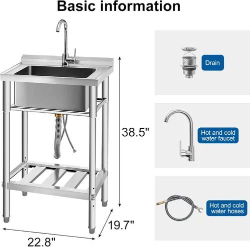 Vista 6 de YORKING Fregadero de acero inoxidable, fregadero de cocina de un solo tazón con tubo de agua fría y caliente para lavandería, granja