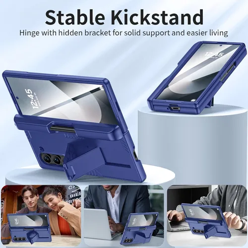 Vista 3 de Funda para Samsung Galaxy Z Fold 6 con soporte para S Pen y soporte, [protección de bisagra y protector de pantalla templado] Funda de carga Azul