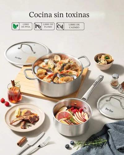 Vista 2 de Juego de utensilios de cocina de acero inoxidable, juego de ollas y sartenes de tirador, 10 piezas de utensilios de cocina de inducción de acero