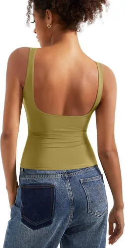 Vista 12 de SUUKSESS Camisetas sin mangas con respaldo abierto y cuello barco acolchado para mujer, con doble forro, camisas básicas Negro (Black Polka Dots)