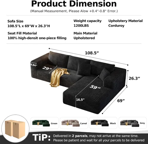 Vista 2 de Sofá modular de 108.2 pulgadas con asiento profundo, sofá de pana en forma de L sin hueso, comodidad moderna, sofá nube de gran tamaño para sala