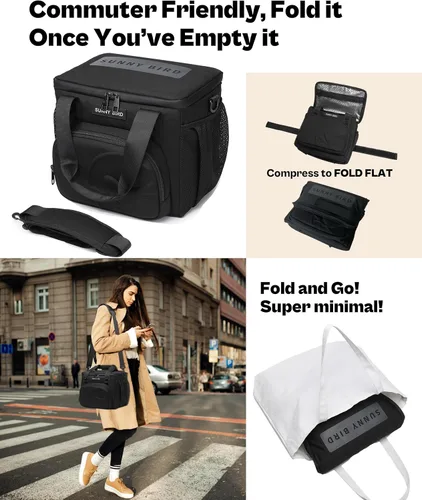 Vista 2 de SUNNY BIRD Lonchera térmica grande de 12 litros, a prueba de fugas y plegable, para mujeres adultas y hombres, se adapta a 18 latas (Negro 01)