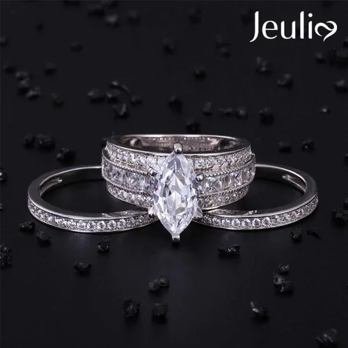Vista 7 de Jeulia Juego de anillos de boda de 2 quilates de 3 piezas para mujer, anillos de compromiso de circonita cúbica de corte marquesa de plata de ley