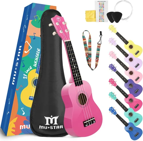 Vista 16 de Ukelele Soprano MUSTAR, Ukelele de Tilo de 21 Pulgadas para Principiantes, Kit de Ukeleles con Bolsa de Concierto, Correa, Púas, Paño, Adhesivo Azul