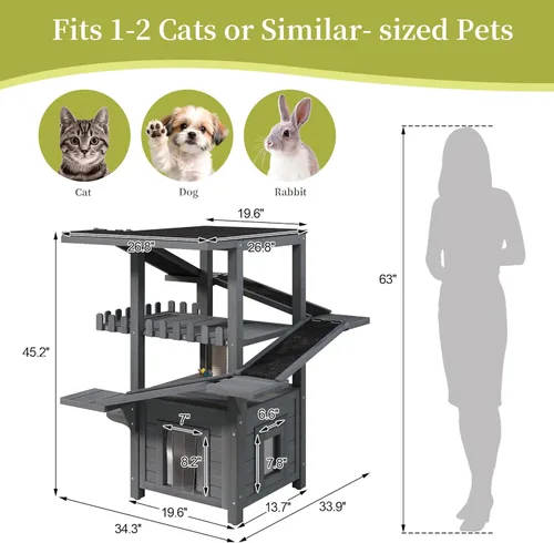 Vista 3 de 4 Tiers Outdoor Cat House Weatherproof Cat Tree Tower with Waterproof Roof and 2 Doors, Feral Cat Shelter Outside Enclosure, Multi-Level Play Zones