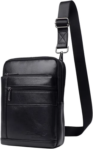 Vista 4 de Hebetag Bolso bandolera de cuero pequeño para hombres y mujeres, para viajes al aire libre, negocios