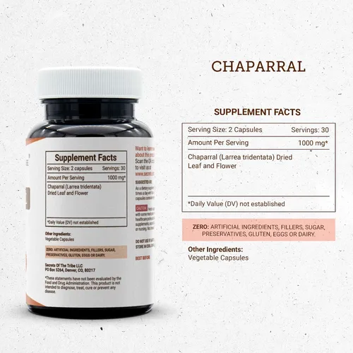 Vista 3 de Secrets of the Tribe Chaparral 60 Cápsulas, 1000 mg, Chaparral (Larrea tridentata) Hoja seca y Flor (60 Cápsulas)