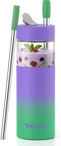 Vista 13 de Tronco Vaso de vidrio de 24 onzas con tapa y popote, taza de café helado, taza de batido con tapa de silicona para té Boba, hogar, oficina, viajes