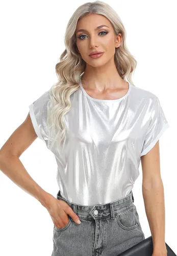 Vista 3 de MISS MOLY Camisetas metálicas de manga corta con cuello redondo holográfico brillante para mujer, para fiesta, club, concierto