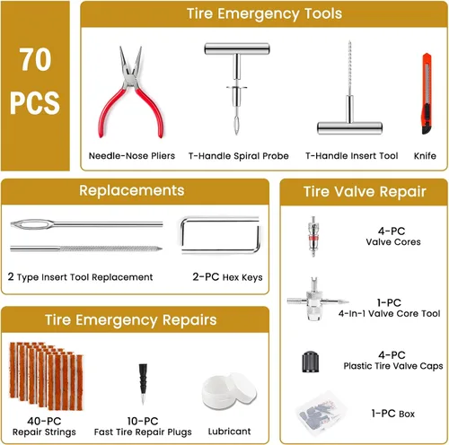 Vista 8 de ORCISH Kit de reparación de neumáticos, juego de 70 piezas, kit profesional de enchufes de neumáticos resistente, kit de parches de neumáticos