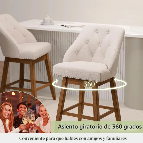 Vista 3 de Taburetes de bar modernos giratorios con respaldo copetudo, juego de 2, taburete de isla tapizado de 26 pulgadas de altura de mostrador, patas
