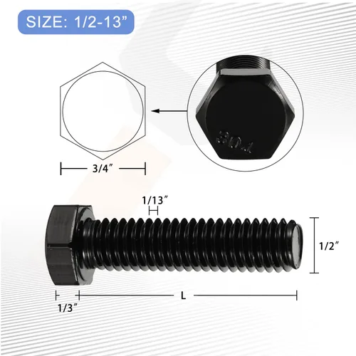 Vista 3 de Pernos de cabeza hexagonal de 1/2-13 x 1, totalmente roscados, perno de acero inoxidable 304 (18-8), acabado negro, cantidad 8