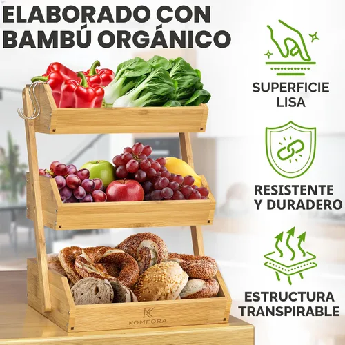 Vista 6 de KOMFORA Cesta de frutas de bambú de 3 niveles – Cesta de productos premium para cocina con 2 ganchos – Soporte duradero y fácil de montar