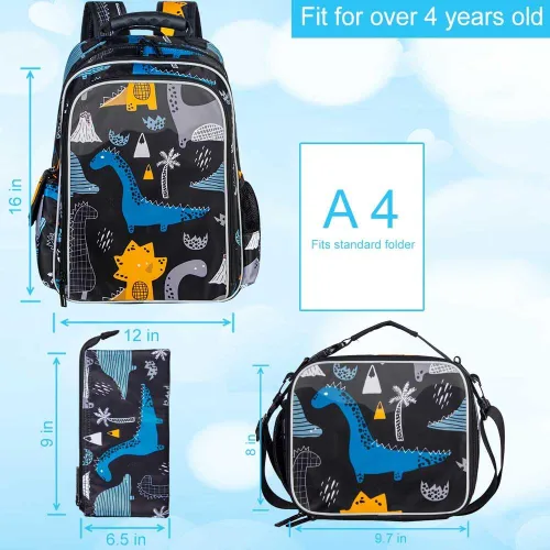 Vista 4 de gxtvo Mochila de dinosaurio para niños, 3 unidades, 16 pulgadas, preescolar, primaria, con lonchera