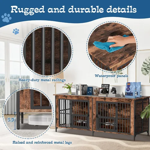 Vista 5 de Grepatio Mueble de jaula para perros de 79 pulgadas para 2 perros, perrera grande con cuencos giratorios de 360°, jaulas dobles para perros con 4